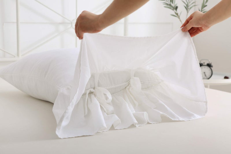 Meaning4 White Bed Pillow Covers Shams Cases with Long Ruffles Standard Size Cotton Shabby Chic Pillowcases 20"X26" 2pcs Soft - Image 2